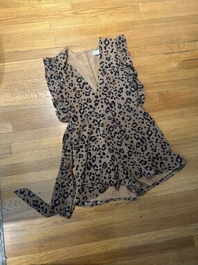 Lovers + Friends Leopard Wrap Romper in Camel & Black